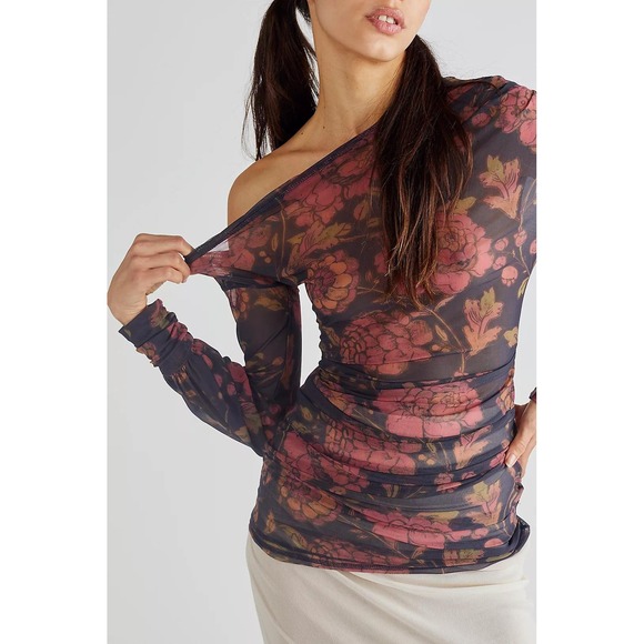 Free People Tops - Free People Floral Mesh Ruched Off Shoulder Long Sleeve Tunic Top Medium